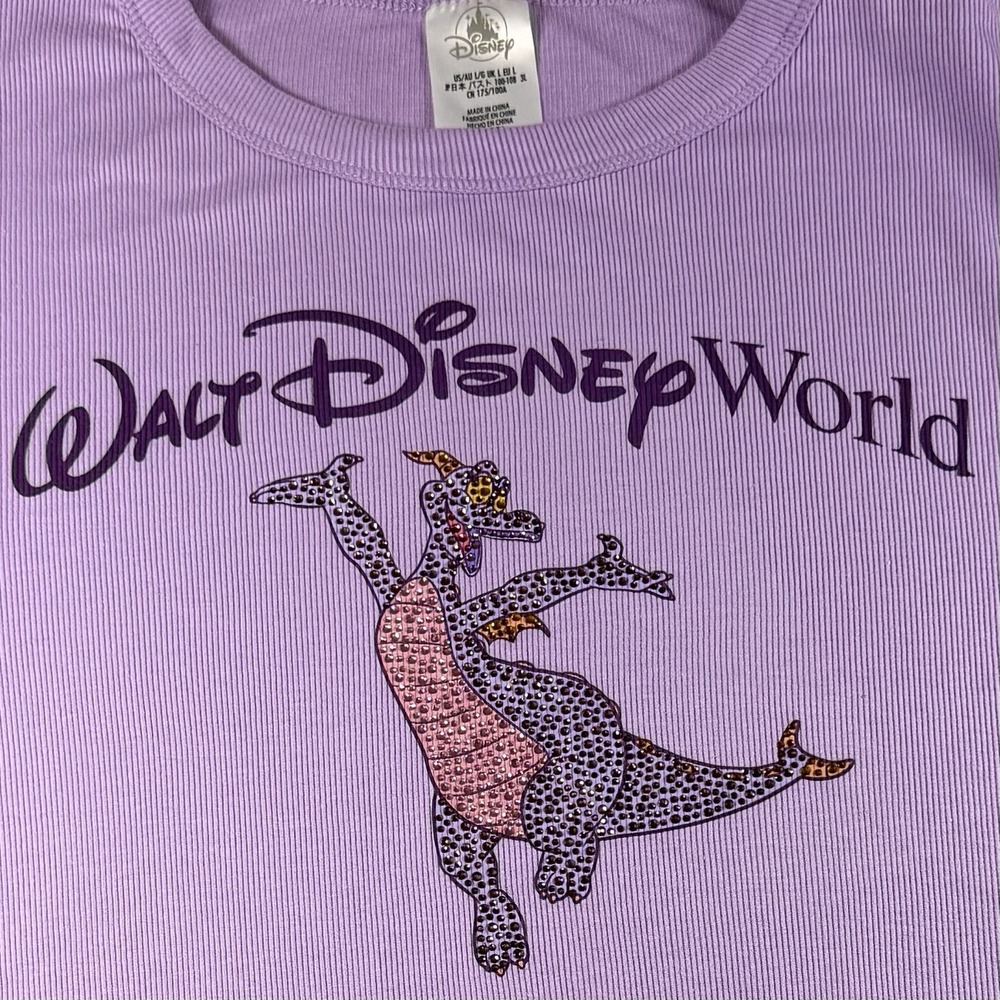 Disney World Figment Dragon Purple Ribbed T Shirt Large Rhinestone Sparkle Top